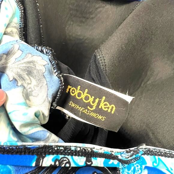 Robby Len One-Piece Swimsuit Blue Black Paisley Print Ruched Soft Cup Women's 10 - Picture 3 of 12